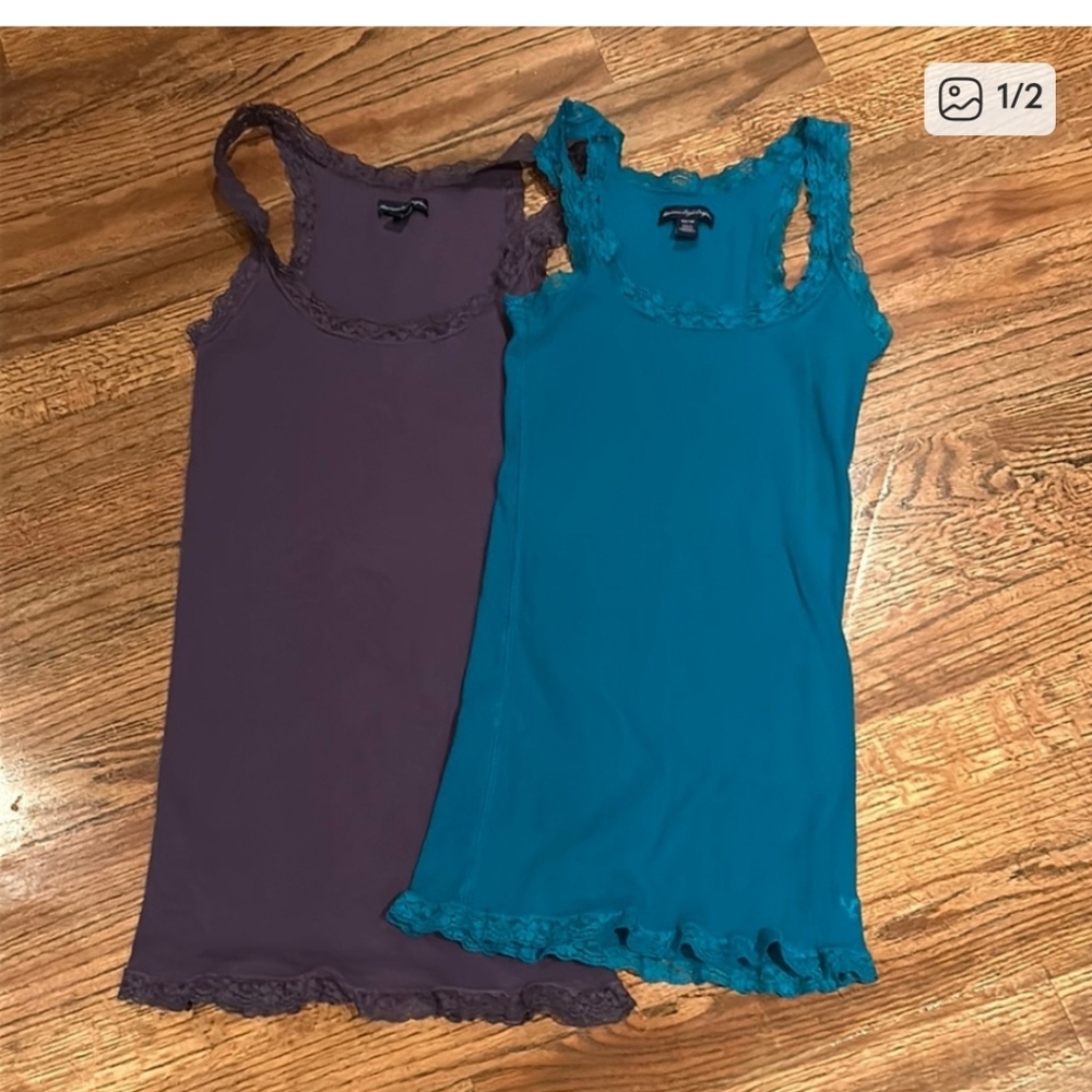 American Eagle Outfitters Purple and Teal Lace Trim Tank Tops